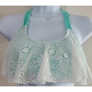 Trillium Teal White Lace Flounce Halter Bikini Top Medium Pull On Stretchy Strap